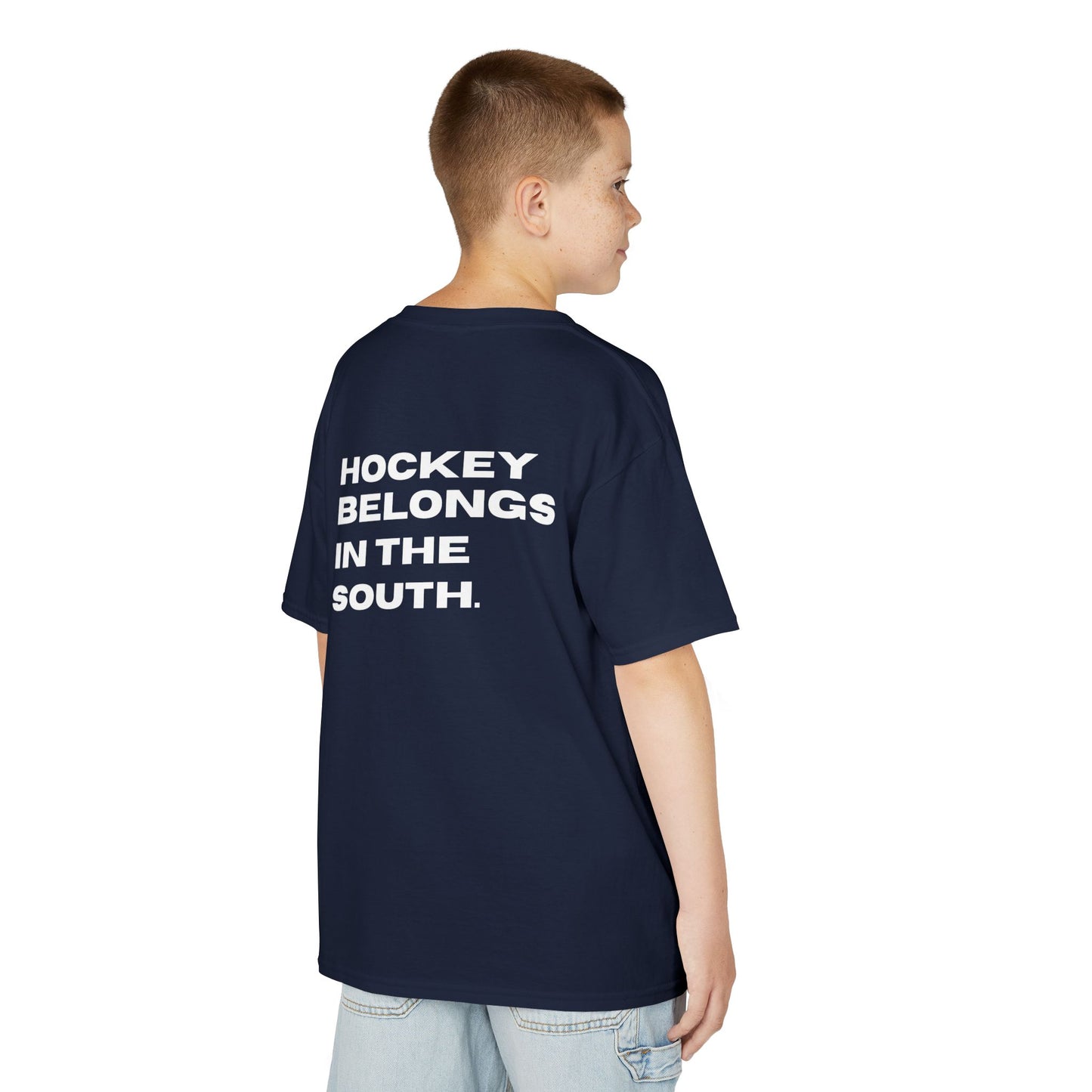 Youth Hockey Belongs In The South Tee — Southern Puck Kids T‑Shirt
