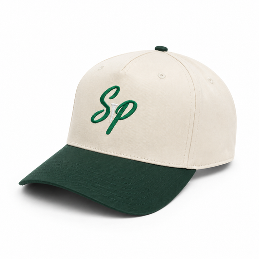Southern Puck SP Golf Script Cap — Natural & Pine Green